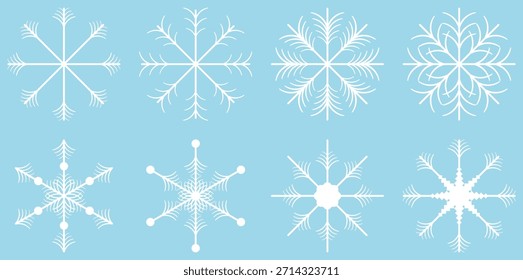 Icono blanco del copo de nieve fijado en el fondo azul, símbolos del cristal de hielo del invierno, Colección plana mínima del Vector