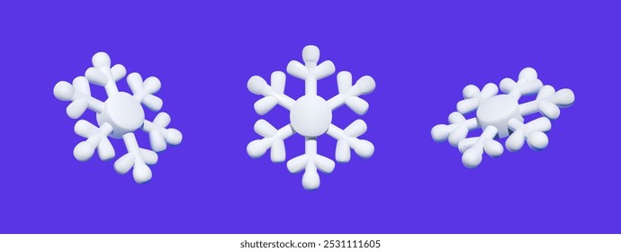 White snowflake icons in 3D style on a blue background. Winter and Christmas holiday concept. Front and angled views.