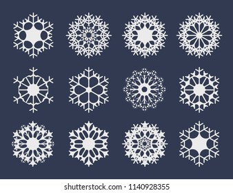 White snowflake icons collection isolated on dark background for your winter design. Vector illustration for abstract snow pattern or snowfall