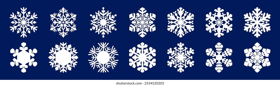 White snowflake icons isolated on blue background. Winter and Christmas holiday symbol. Decorative vector element for winter and Christmas design