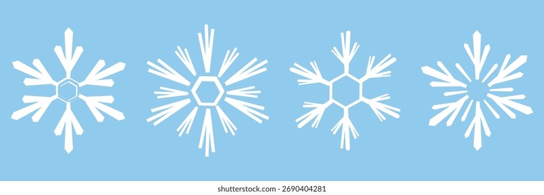 Iconos blancos del copo de nieve fijados en el fondo azul celeste, cuatro cristales geométricos del invierno dibujados a mano en estilo mínimo del Vector para las etiquetas engomadas, las tarjetas de felicitación, el envoltorio y la decoración estacional acogedora.