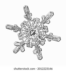 White snowflake isolated on white background. Vector illustration based on macro photo of real snow crystal: elegant star plate with hexagonal symmetry, short, broad arms and glossy 3D surface.