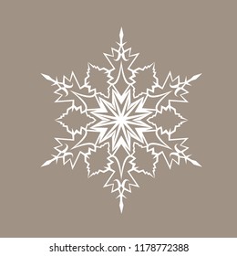 White snowflake isolated on beige background for Christmas and New Year design. Geometric circle shape. Winter object. Festive element. Snowflake icon.