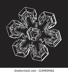 White snowflake isolated on black background. Vector illustration based on macro photo of real snow crystal: elegant star plate with short, broad arms, glossy relief surface and complex inner details.