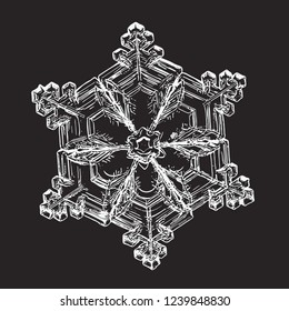 White snowflake isolated on black background. Vector illustration based on macro photo of real snow crystal: elegant star plate with short, broad arms, glossy relief surface and complex inner details.