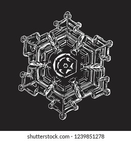 White snowflake isolated on black background. Vector illustration based on macro photo of real snow crystal: elegant star plate with hexagonal symmetry, six short broad arms and complex inner pattern.