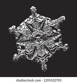 White snowflake isolated on black background. Vector illustration based on macro photo of real snow crystal: elegant star plate with hexagonal symmetry, short, broad arms and glossy relief surface.