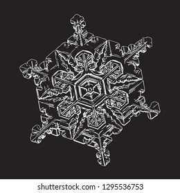 White snowflake isolated on black background. Vector illustration based on macro photo of real snow crystal: elegant star plate with hexagonal symmetry, six short broad arms and complex inner details.