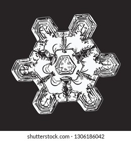 White snowflake isolated on black background. Vector illustration based on macro photo of real snow crystal: elegant star plate with short, broad arms, hexagonal symmery and complex inner details.