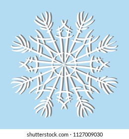 White snowflake isolated on a blue background. Vector illustration.