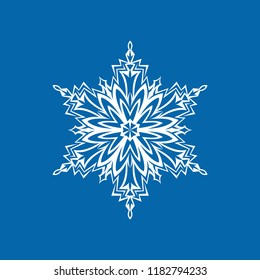 White snowflake isolated on blue background for Christmas and New Year design. Geometric circle shape. Winter object. Festive element. Snowflake icon.