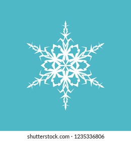 White snowflake isolated on blue background for Christmas and New Year design. Geometric circle shape. Winter object. Festive element. Snowflake icon.