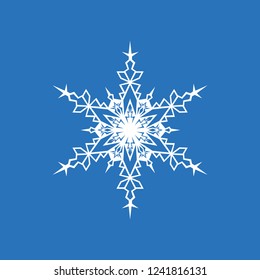 White snowflake isolated on blue background for Christmas and New Year design. Geometric circle shape. Winter object. Festive element. Snowflake icon.