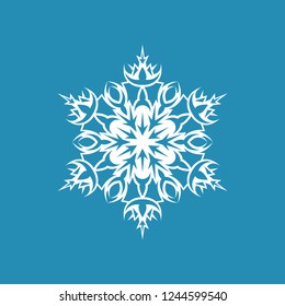 White snowflake isolated on blue background for Christmas and New Year design. Geometric circle shape. Winter object. Festive element. Snowflake icon.
