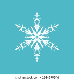White snowflake isolated on blue background for Christmas and New Year design. Geometric circle shape. Winter object. Festive element. Snowflake icon.