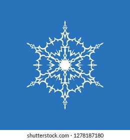 White snowflake isolated on blue background for winter design. Geometric circle shape. Christmas and New Year decoration element. Snowflake icon.