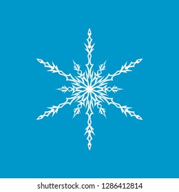 White snowflake isolated on blue background for winter design. Geometric circle shape. Christmas and New Year decoration element. Snowflake icon.