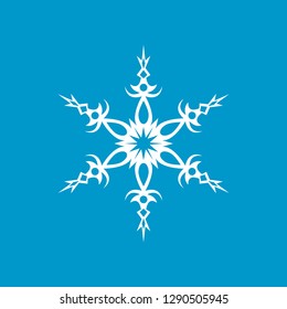 White snowflake isolated on blue background for winter design. Geometric circle shape. Christmas and New Year decoration element. Snowflake icon.
