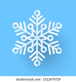 White snowflake isolated on blue background. Snow element with shadow for Happy New Year and Merry Christmas holidays decoration. Beautiful and simple winter season design vector illustration.