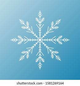 White snowflake isolated on blue background. Flat snow icon silhouette. New year theme.Vector illustration