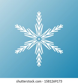 White snowflake isolated on blue background. Flat snow icon silhouette. New year theme.Vector illustration