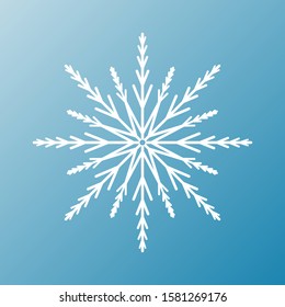 White snowflake isolated on blue background. Flat snow icon silhouette. New year theme.Vector illustration