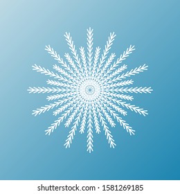 White snowflake isolated on blue background. Flat snow icon silhouette. New year theme.Vector illustration