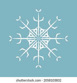 Weiße Schneeflocke einzeln auf blauem Hintergrund. Dekor zum Feiern. Vektorgrafik.