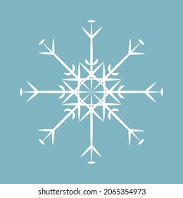 White snowflake isolated on blue background. Celebration decor. Vector illustration.