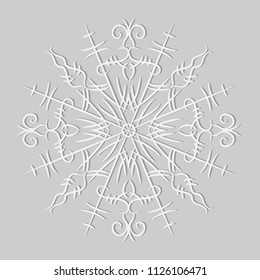 White snowflake isolated on a gray background. Vector illustration.