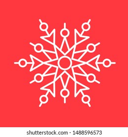 White snowflake isolated on red background. Snow element in thin line style for Happy New Year and Merry Christmas holidays decoration. Simple winter season design vector illustration.