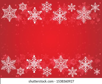 White snowflake isolated on red background and copy space. Merry Christmas design for postcard. Vector illustration in flat design.