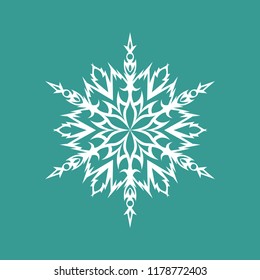 White snowflake isolated on turquoise background for Christmas and New Year design. Geometric circle shape. Winter object. Festive element. Snowflake icon.
