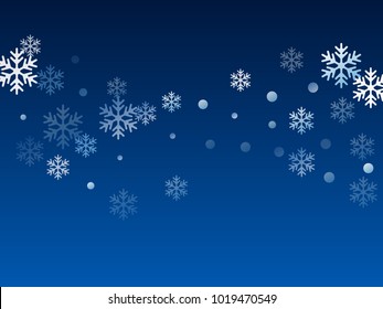 White snowflake macro vector illustration, snow flakes confetti chaotic scatter card in blue and white. Winter xmas snow background. Flakes falling and flying winter vector background.