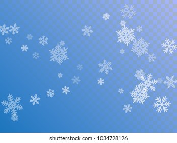 White snowflake macro vector illustration, snow flakes confetti chaotic scatter card in blue and white. Winter xmas snow background. Flakes falling and flying winter trendy vector background.
