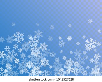 White snowflake macro vector illustration, snow flakes confetti chaotic scatter card in blue and white. Winter xmas snow background. Flakes falling and flying winter trendy vector background.