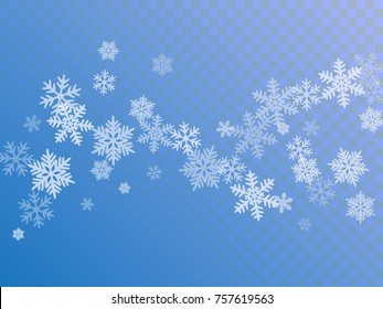 White snowflake macro vector illustration, snow flakes confetti chaotic scatter card in blue and white. Winter xmas snow background. Flakes falling and flying winter trendy vector background.