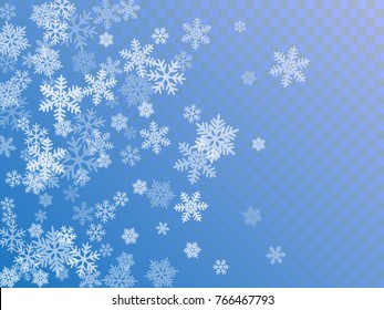 White snowflake macro vector illustration, snow flakes confetti chaotic scatter card in blue and white. Winter xmas snow background. Flakes falling and flying winter trendy vector background.