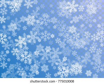 White snowflake macro vector illustration, snow flakes confetti chaotic scatter card in blue and white. Winter xmas snow background. Flakes falling and flying winter trendy vector background.