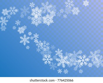 White snowflake macro vector illustration, snow flakes confetti chaotic scatter card in blue and white. Winter xmas snow background. Flakes falling and flying winter trendy vector background.