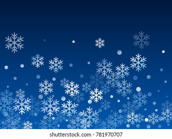 White snowflake macro vector illustration, snow flakes confetti chaotic scatter card in blue and white. Winter xmas snow background. Flakes falling and flying winter vector background.