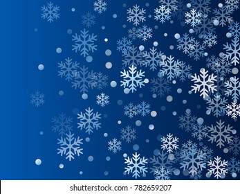 White snowflake macro vector illustration, snow flakes confetti chaotic scatter card in blue and white. Winter xmas snow background. Flakes falling and flying winter vector background.