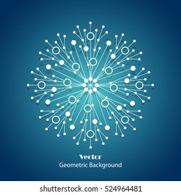 White snowflake made of connected lines and dots on blue background.