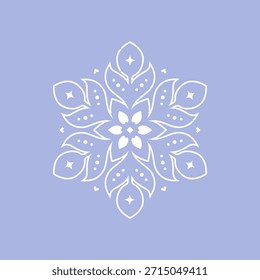 Mandala de floco de neve branco no fundo lavanda. Vetor floral simétrico projeta delicadas formas de folhas e estrelas. Elemento decorativo para cartões de férias de inverno