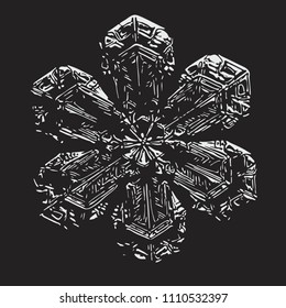 White snowflake on black background. This vector illustration based on macro photo of real snow crystal: beautiful star plate with fine hexagonal symmetry, six short, broad arms and glossy surface.