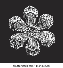 White snowflake on black background. This vector illustration based on macro photo of real snow crystal: beautiful star plate with fine hexagonal symmetry, short broad arms and complex inner pattern.