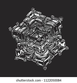 White snowflake on black background. This vector illustration based on macro photo of real snow crystal: small star plate with six short, broad arms, glossy surface and complex inner structure.