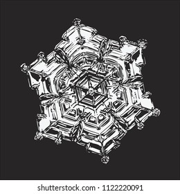 White snowflake on black background. This vector illustration based on macro photo of real snow crystal: beautiful star plate with fine hexagonal symmetry, six short, broad arms and glossy surface.