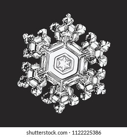 White snowflake on black background. This vector illustration based on macro photo of real snow crystal: small star plate with six short, broad arms, glossy surface and complex inner structure.