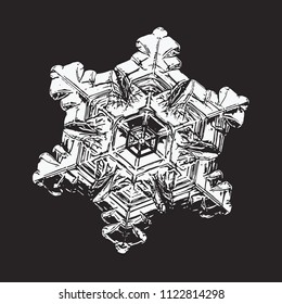 White snowflake on black background. This vector illustration based on macro photo of real snow crystal: beautiful star plate with fine hexagonal symmetry, six short, broad arms and glossy surface.